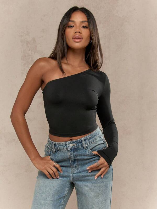 missguided MISSGUIDED Asymmetric One Shoulder Crop Top With Long Sleeve