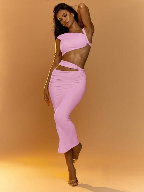 missguided MISSGUIDED Asymmetric One Shoulder Crop Top With Ruched High Waist Maxi Skirt Co-Ord