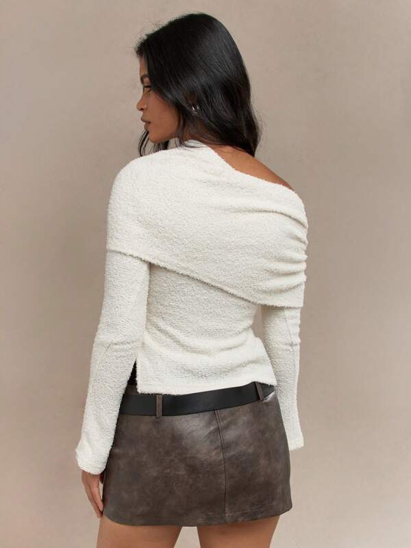 Missguided MISSGUIDED Asymmetric One Shoulder Fleece Long Sleeves Side Split Hem Top