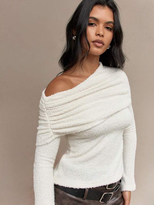 Missguided MISSGUIDED Asymmetric One Shoulder Fleece Long Sleeves Side Split Hem Top
