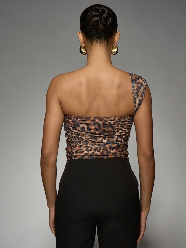 Missguided MISSGUIDED Asymmetric One Shoulder Leopard Print Ruched Crop Top