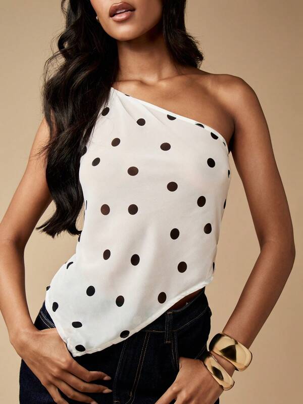Missguided MISSGUIDED Asymmetric One Shoulder Polka Dot Tank Top
