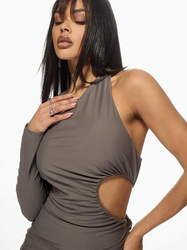 Missguided MISSGUIDED Asymmetric One Shoulder Ruched Bodycon Mini Dress With Side Cut-Out