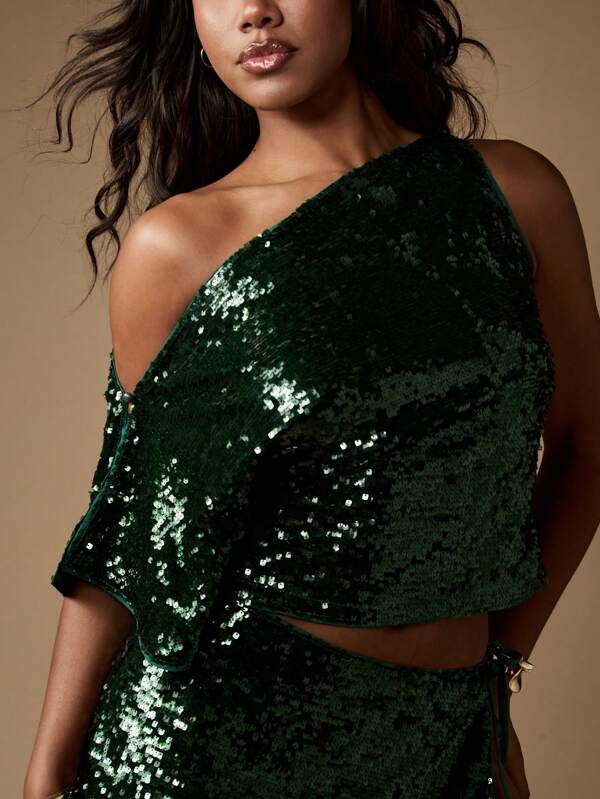 Missguided MISSGUIDED Asymmetric One Shoulder Sequin Mini Skirt Two-Piece Outfits