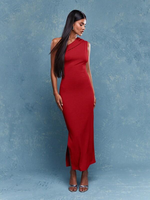 Missguided MISSGUIDED Asymmetric One Shoulder Side Slit Sleeveless Bodycon Maxi Dress