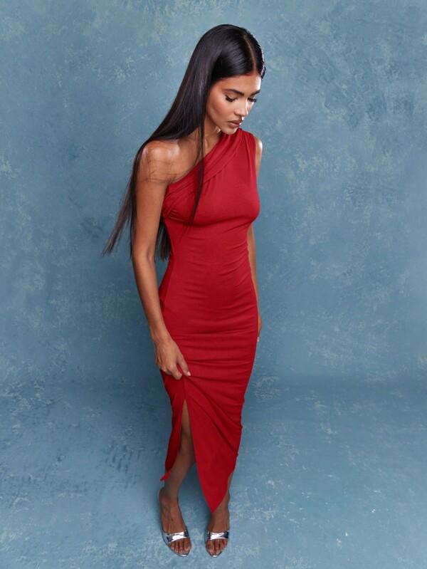 missguided MISSGUIDED Asymmetric One Shoulder Side Slit Sleeveless Bodycon Maxi Dress