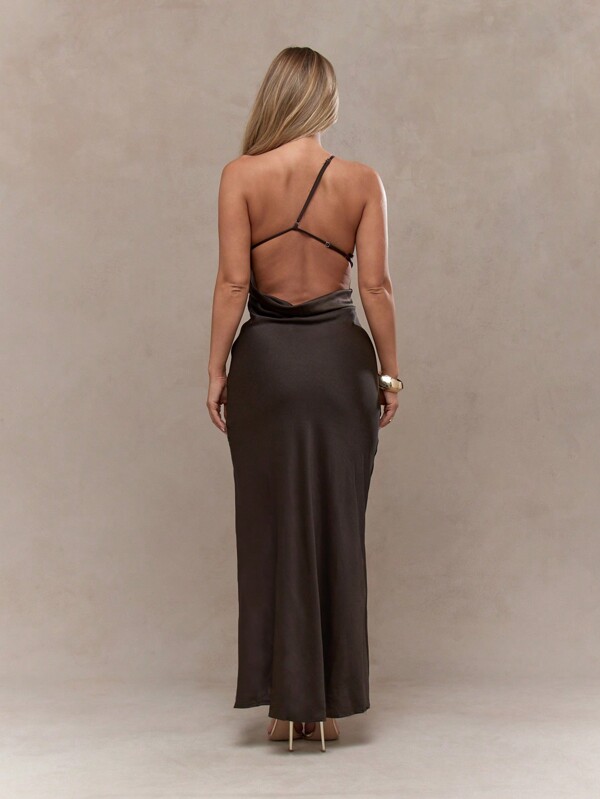 Missguided MISSGUIDED Asymmetric One Shoulder Strap Side Slit Backless Maxi Dress