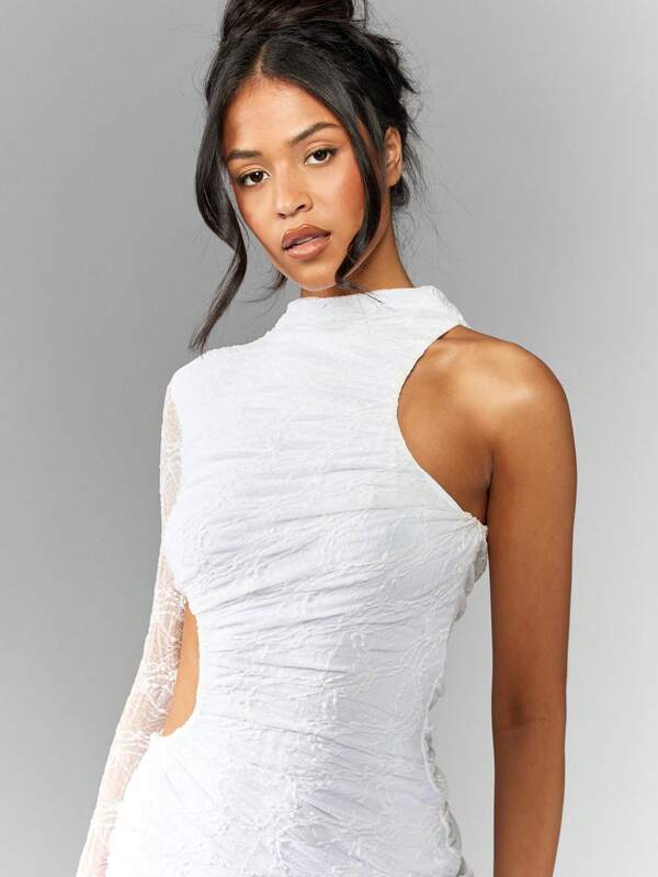 Missguided MISSGUIDED Asymmetric One Sleeve Ruched Cut Out Lace Mini Dress