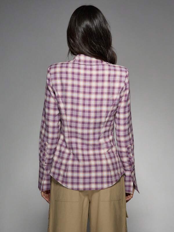Missguided MISSGUIDED Asymmetric Plaid Button Down Fitted Blouse With Collar