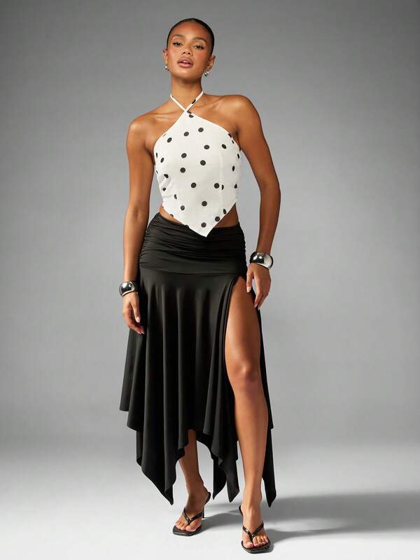 Missguided MISSGUIDED Asymmetric Polka Dot Halter Neck Crop Top