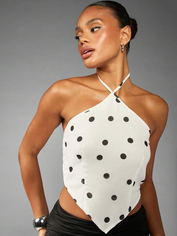 Missguided MISSGUIDED Asymmetric Polka Dot Halter Neck Crop Top
