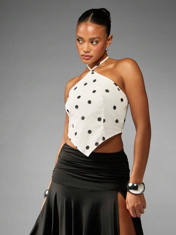 missguided MISSGUIDED Asymmetric Polka Dot Halter Neck Crop Top