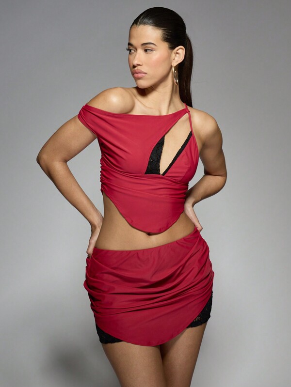 missguided MISSGUIDED Asymmetric Ruched Crop Top With Mini Skirt Set