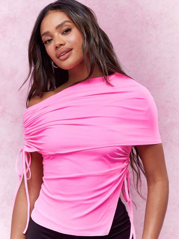 Missguided MISSGUIDED Asymmetric Ruched Neckline Side Slit Bardot Top