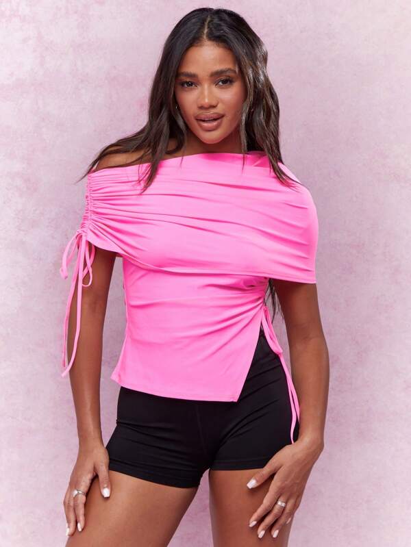 missguided MISSGUIDED Asymmetric Ruched Neckline Side Slit Bardot Top