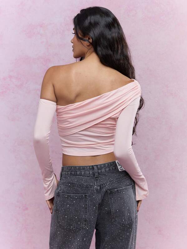 Missguided MISSGUIDED Asymmetric Ruched One Shoulder Long Sleeves Top