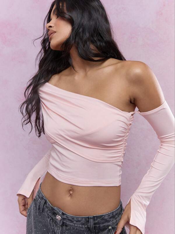 Missguided MISSGUIDED Asymmetric Ruched One Shoulder Long Sleeves Top