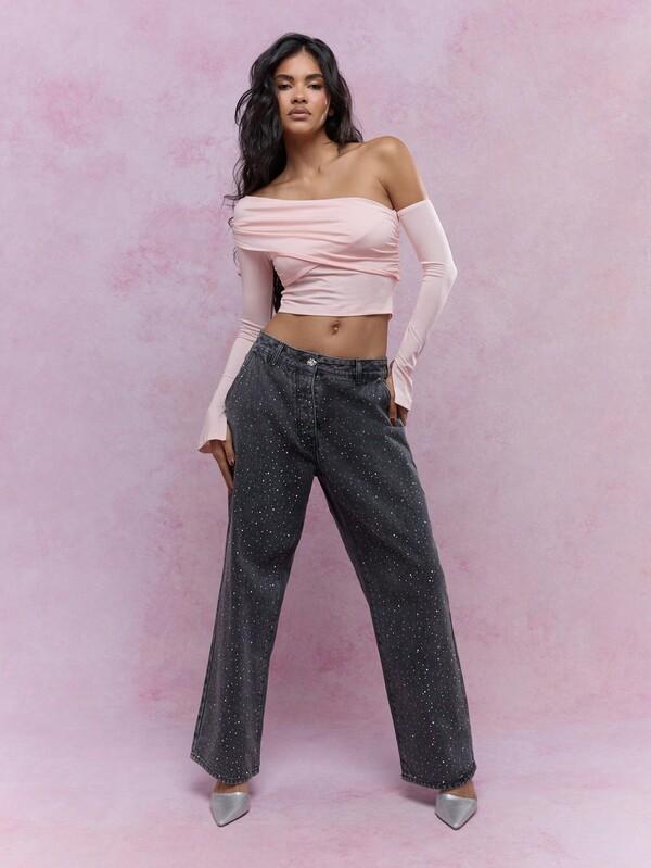 Missguided MISSGUIDED Asymmetric Ruched One Shoulder Long Sleeves Top