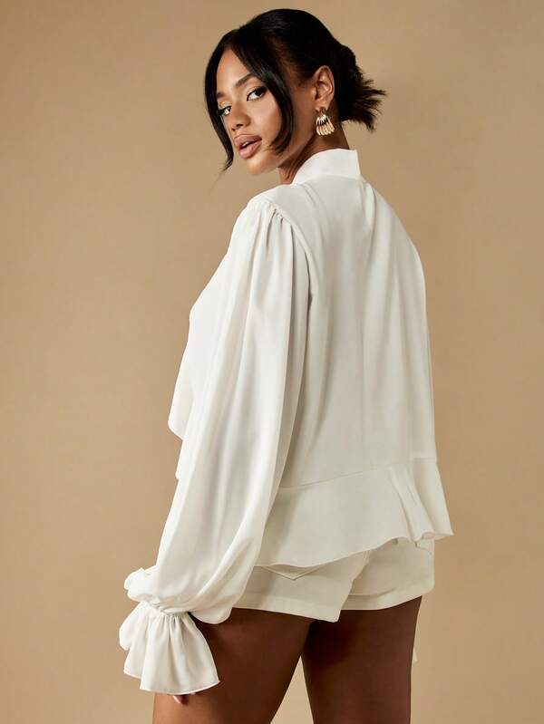 Missguided MISSGUIDED Asymmetric Ruffle Crop Blouse With Tie Neck