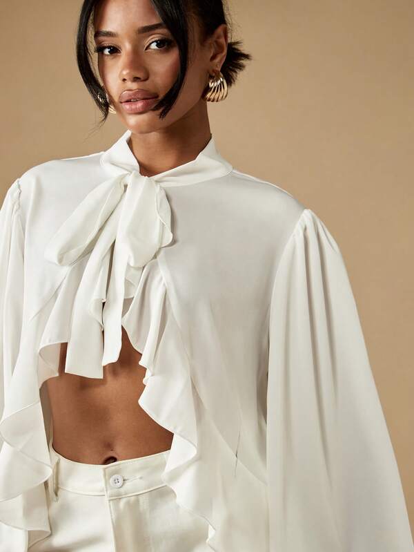 Missguided MISSGUIDED Asymmetric Ruffle Crop Blouse With Tie Neck