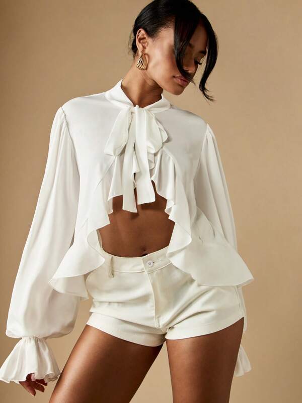 missguided MISSGUIDED Asymmetric Ruffle Crop Blouse With Tie Neck