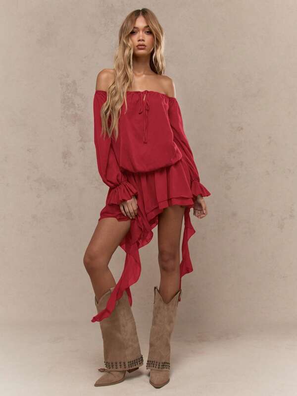 Missguided MISSGUIDED Asymmetric Ruffle Long Balloon Sleeves Bardot Mini Short Dresses