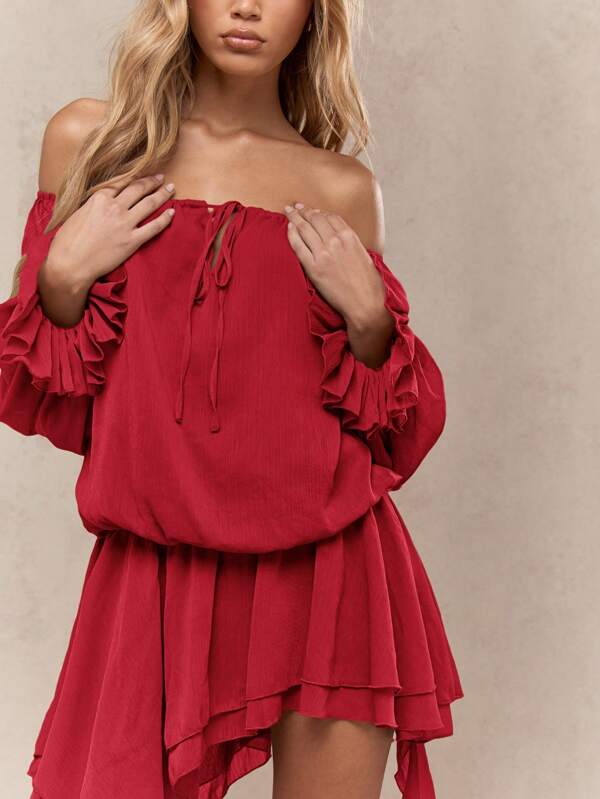 Missguided MISSGUIDED Asymmetric Ruffle Long Balloon Sleeves Bardot Mini Short Dresses