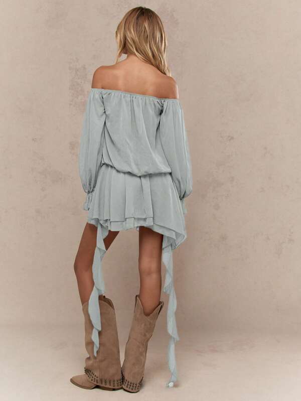 Missguided MISSGUIDED Asymmetric Ruffle Long Balloon Sleeves Bardot Mini Short Dresses