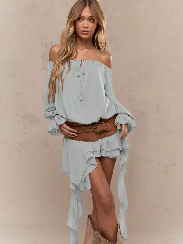 missguided MISSGUIDED Asymmetric Ruffle Long Balloon Sleeves Bardot Mini Short Dresses