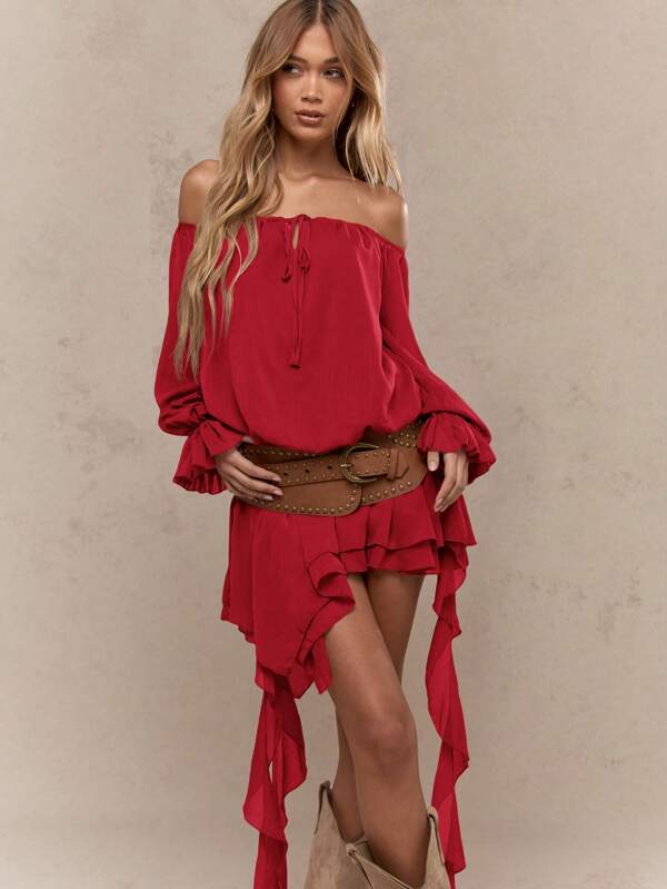 missguided MISSGUIDED Asymmetric Ruffle Long Balloon Sleeves Bardot Mini Short Dresses