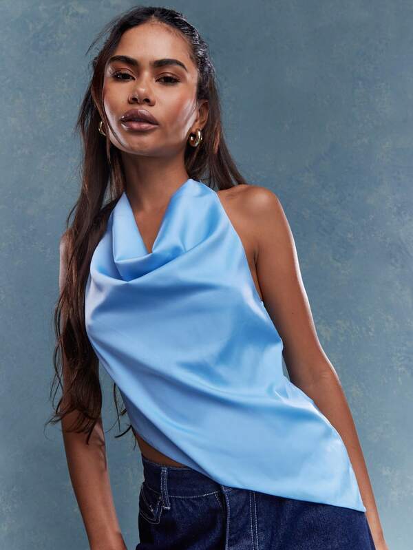 Missguided MISSGUIDED Asymmetric Satin Cowl Halter Neck Backless Top