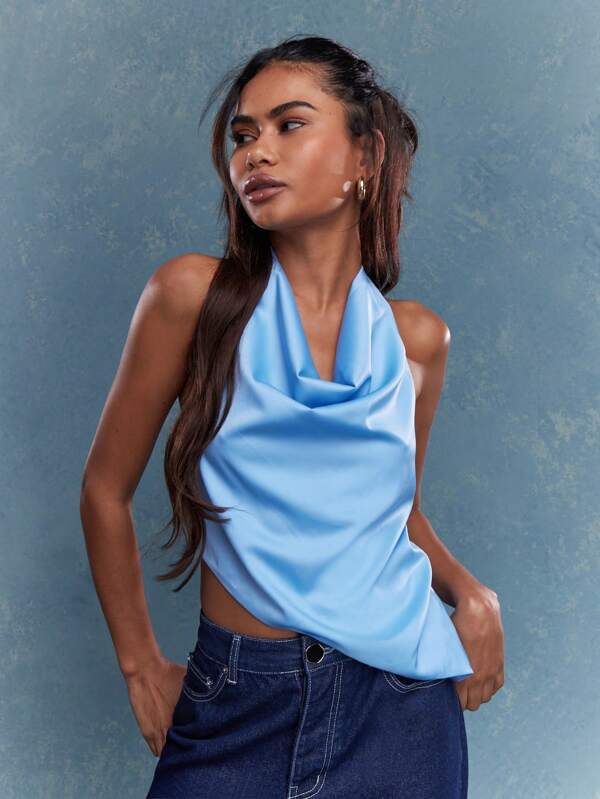 missguided MISSGUIDED Asymmetric Satin Cowl Halter Neck Backless Top