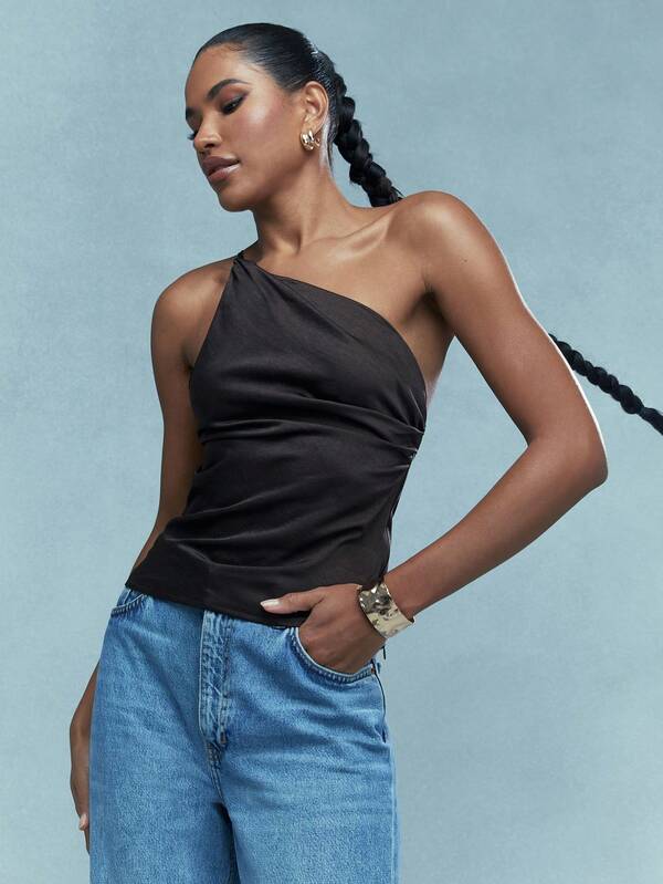 Missguided MISSGUIDED Asymmetric Satin One Shoulder Backless Top