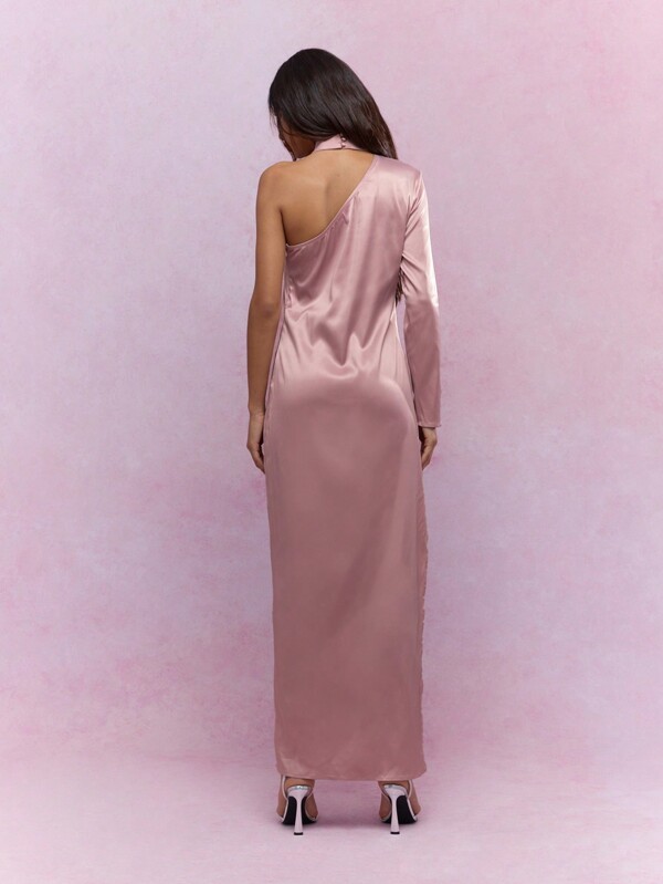 Missguided MISSGUIDED Asymmetric Satin One Shoulder Long Sleeve Maxi Dress With Scarf