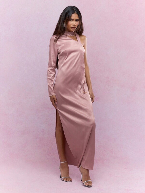 Missguided MISSGUIDED Asymmetric Satin One Shoulder Long Sleeve Maxi Dress With Scarf