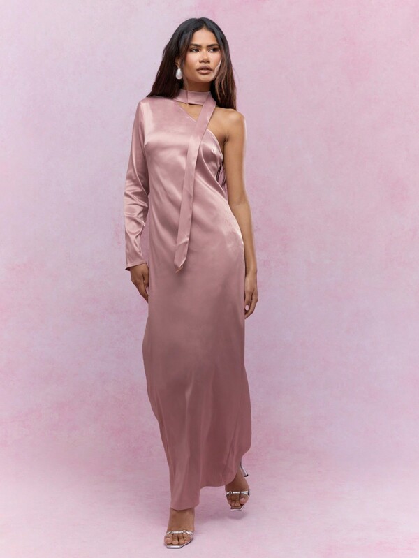 missguided MISSGUIDED Asymmetric Satin One Shoulder Long Sleeve Maxi Dress With Scarf
