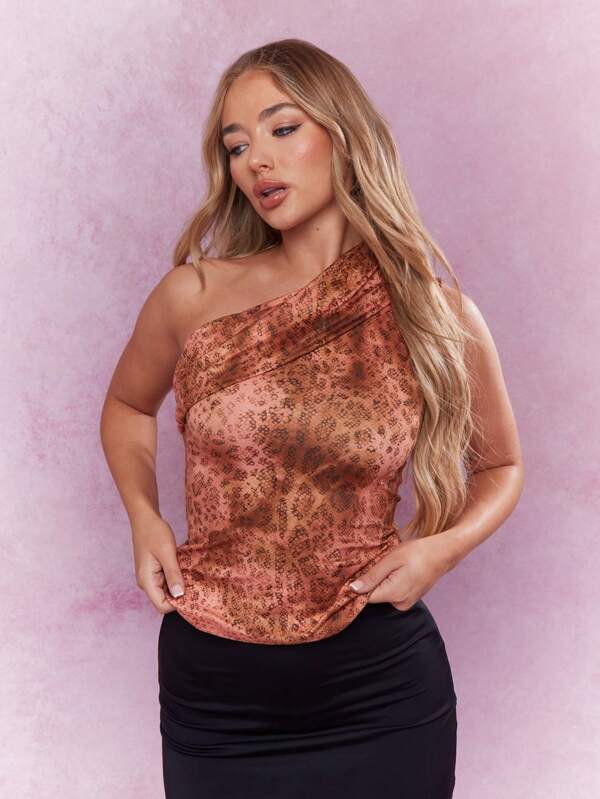 missguided MISSGUIDED Asymmetric Snake Print One Ruched Shoulder Sleeveless Top