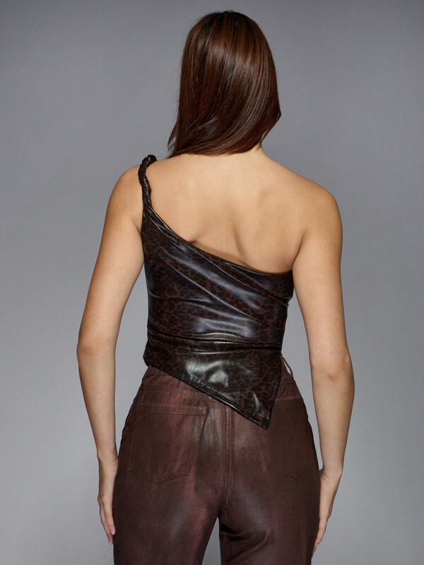 Missguided MISSGUIDED Asymmetric Twist One Shoulder Leopard Print Faux Leather Top