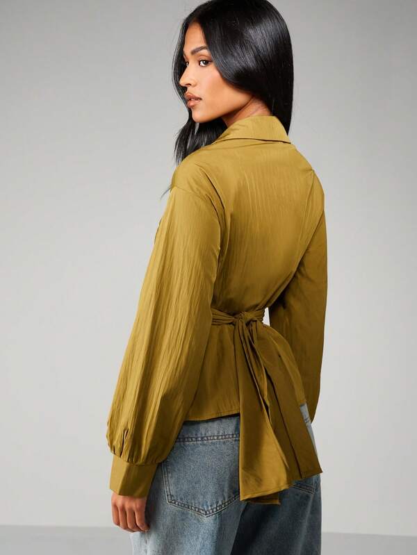 Missguided MISSGUIDED Asymmetric Wrap Blouse With Tie Detail