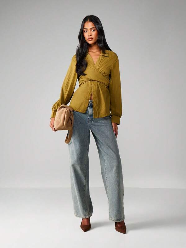 Missguided MISSGUIDED Asymmetric Wrap Blouse With Tie Detail