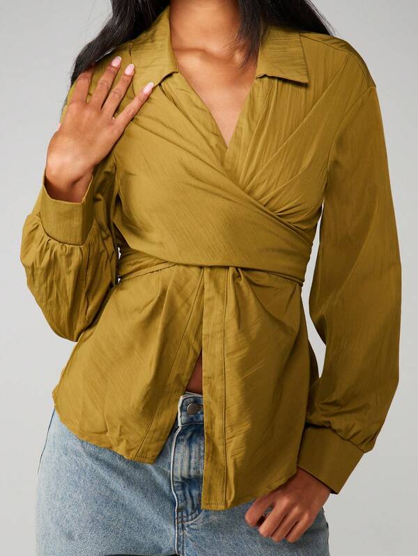 Missguided MISSGUIDED Asymmetric Wrap Blouse With Tie Detail