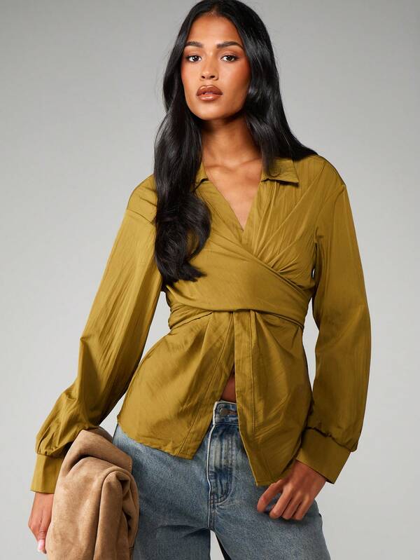 missguided MISSGUIDED Asymmetric Wrap Blouse With Tie Detail