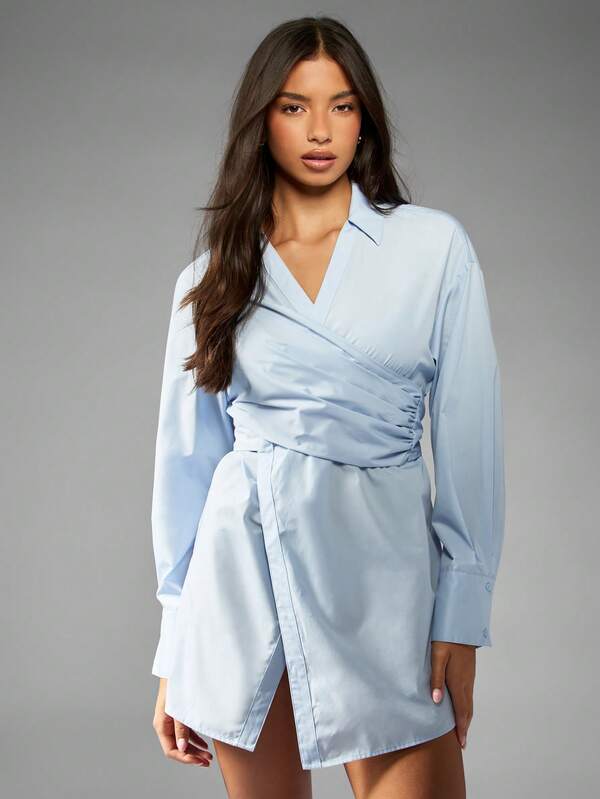 missguided MISSGUIDED Asymmetric Wrap Front Mini Shirt Dress With Long Sleeves