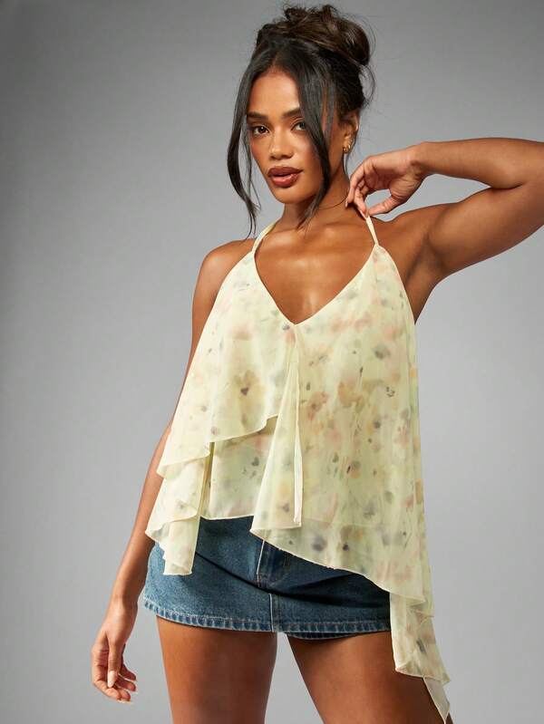 Missguided MISSGUIDED Asymmetrical Ruffle Layered Chiffon Halter Top