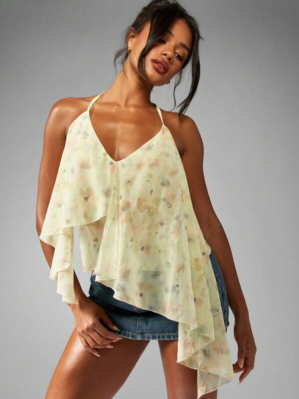 missguided MISSGUIDED Asymmetrical Ruffle Layered Chiffon Halter Top