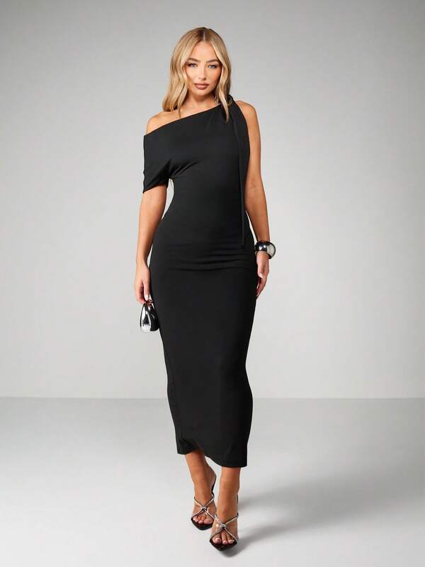 missguided MISSGUIDED Asymmetrical Shoulder Bodycon Midi Dress