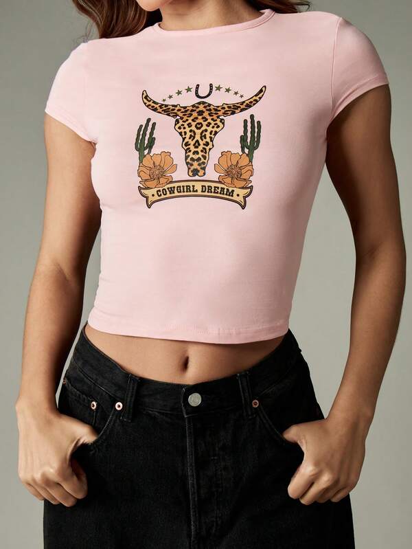 Missguided MISSGUIDED Baby Pink Fitted Crop T Shirt With Western Print