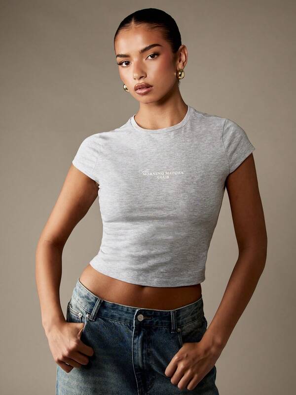 Missguided MISSGUIDED Baby Tee With Morning Matcha Club Logo Text