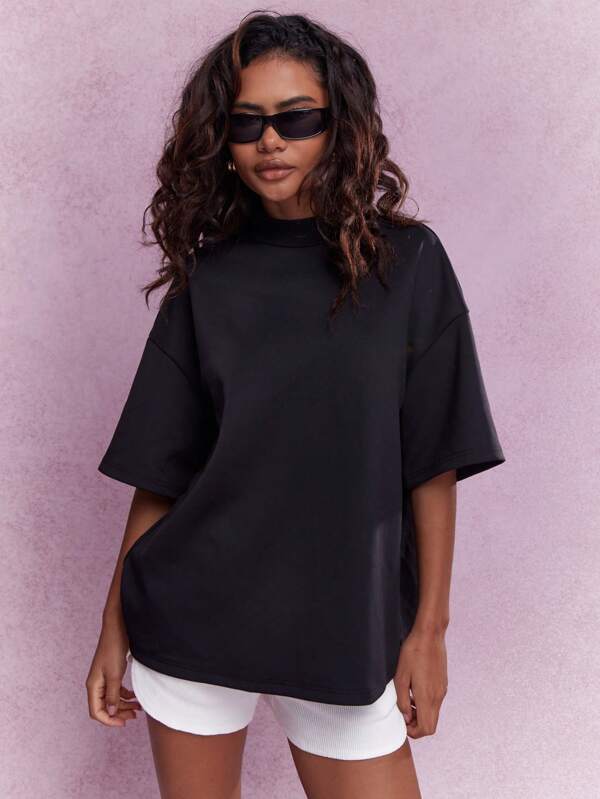 missguided MISSGUIDED Back Logo Label Polo Neck Dropped Sleeve Oversized T-Shirt