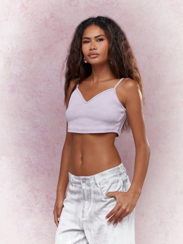 missguided MISSGUIDED Back Metal Logo Label Ribbed V-Neck Cami Crop Top